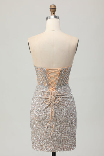 Silver Strapless Bodycon Sequins Cocktail Dress with Slit